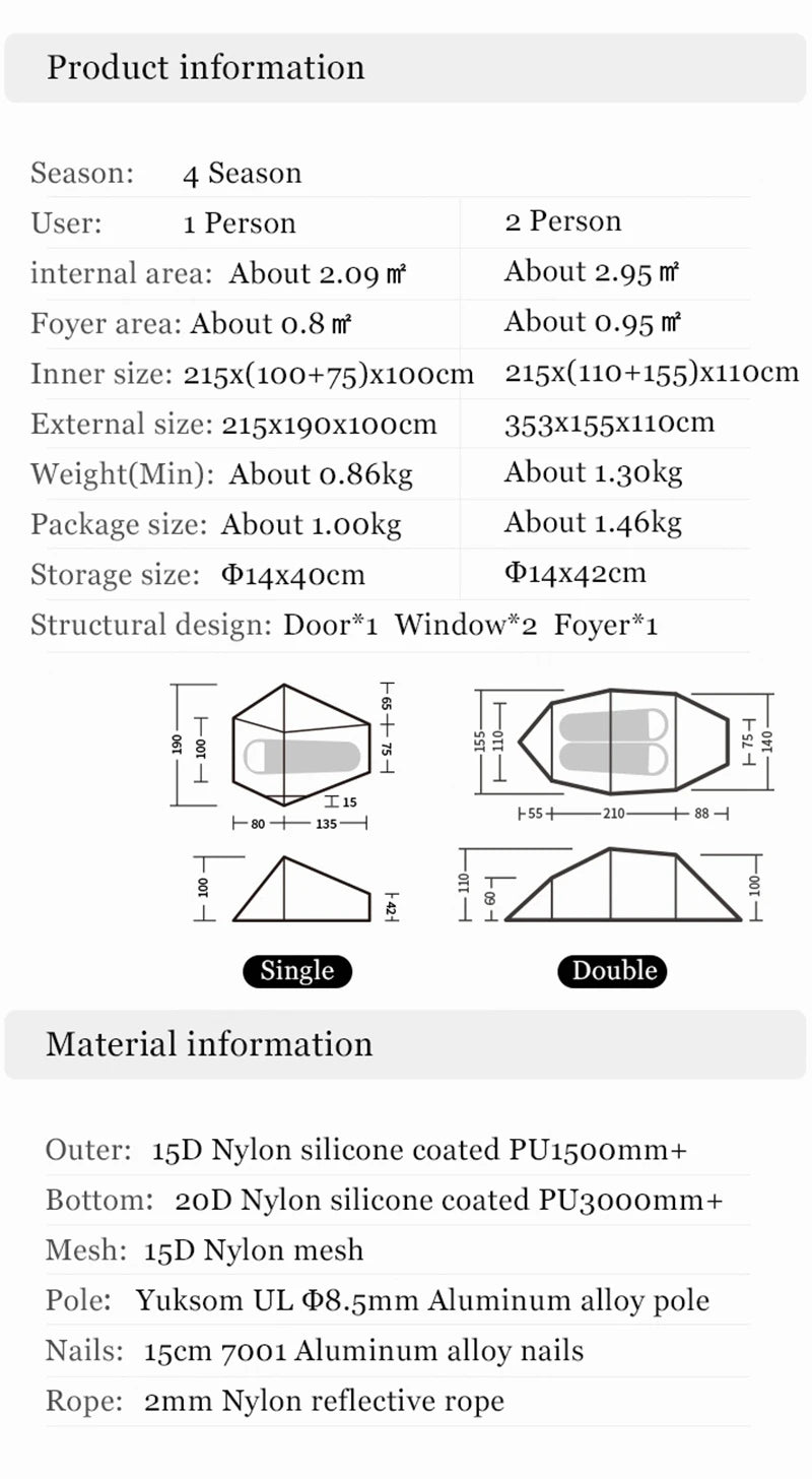 Naturehike Jims Gear 4 Seasons Tunnel Tent for 1/2 Person 15D Nylon Ultraligh