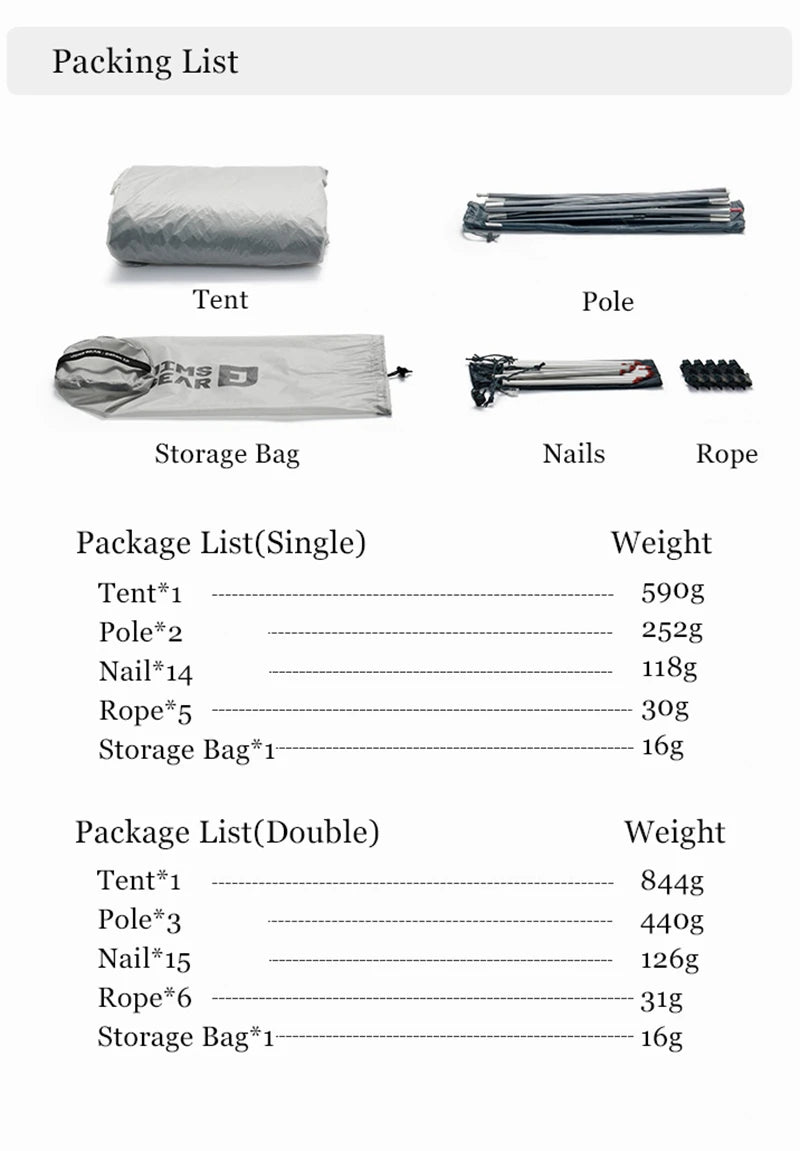 Naturehike Jims Gear 4 Seasons Tunnel Tent for 1/2 Person 15D Nylon Ultraligh